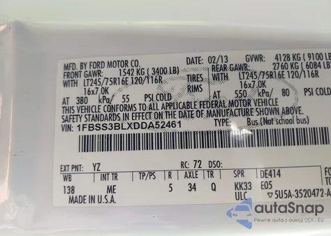 2013 Ford E-350 Super Duty Xlt z USA, uszkodzony, nr VIN 1FBSS3BLXDDA52461